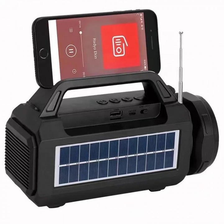 Tescomak SY-979 Hordozható hangszóró FM rádióval, zseblámpával és napelemmel, Bluetooth, FM rádió/TF kártya, USB / Micro Usb, fekete szín