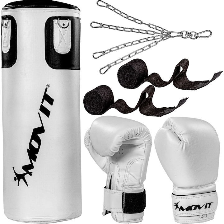 Set sac de box, manusi, bandaje, MOVIT®, 25 kg, pentru adulti, alb