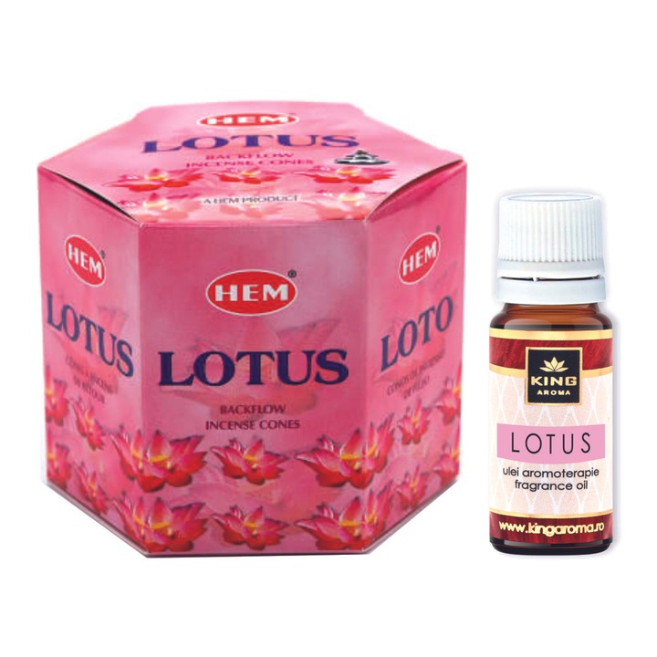 Pachet 40 Conuri parfumate Backflow HEM Lotus si Ulei aromaterapie KING Aroma LOTUS, 10 ml