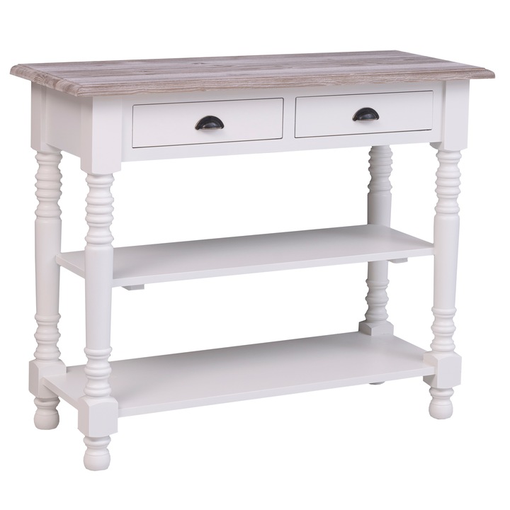 Consola cu picioare strunjite, doua rafturi si sertare, culoare top gri deschis, corp alb murdar, dublu color, 100% lemn masiv