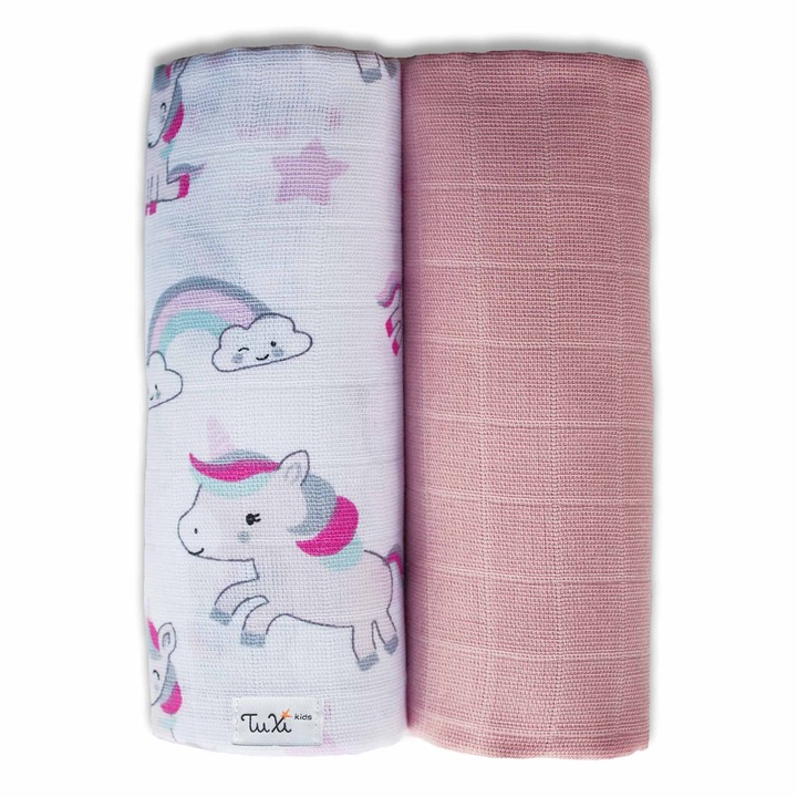 Set 2 paturici bebe, muselina, 100% bumbac, 75x75 cm, pentru fetite, unicorni roz