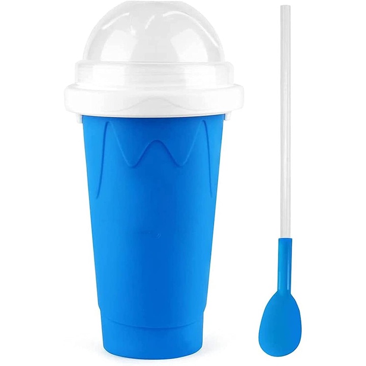 Pahar pentru Facut Slushy, MilkShake si Suc Inghetat, Compatibil Congelator, 250ml cu Lingura si Pai 2in1, Silicon Premium, Albastru, CBD CORAL BEST DEALS Albastru Albastru