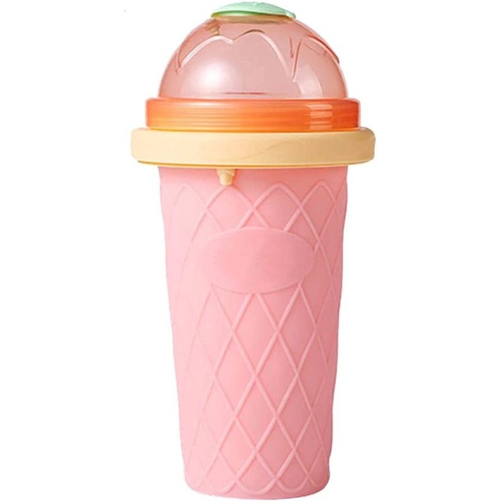 Pahar pentru Facut Slushy, MilkShake si Suc Inghetat, Compatibil Congelator, 250ml cu Lingura si Pai 2in1, Silicon Premium, Roz, CBD CORAL BEST DEALS Roz Roz