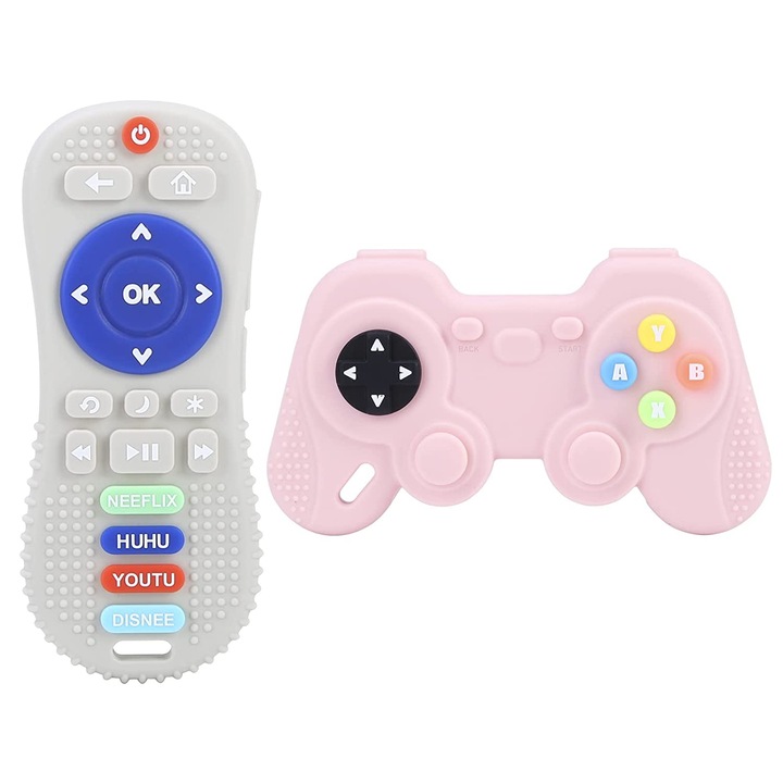 Комплект от 2 играчки за зъби, EZGETOP®, силикон, дистанционно управление за телевизор и форма на контролер за игра, бяло/розово
