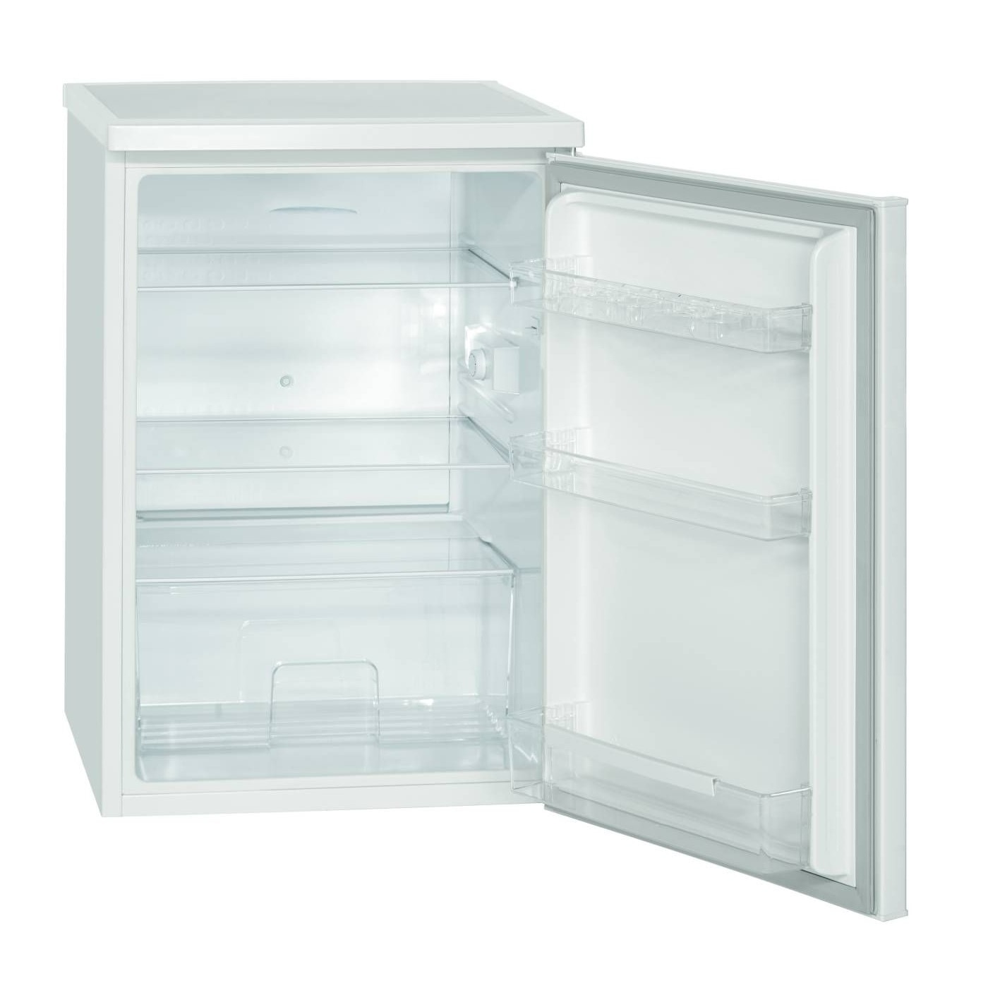Frigider minibar Bomann, VS 2185.1W, H 84.5 cm, volum 133 litri, compact, silentios, control temperatura, decongelare automata, 3 rafturi din sticla, 3 rafturi usa, lumina interioara LED, suport oua, picioare reglabile, alb
