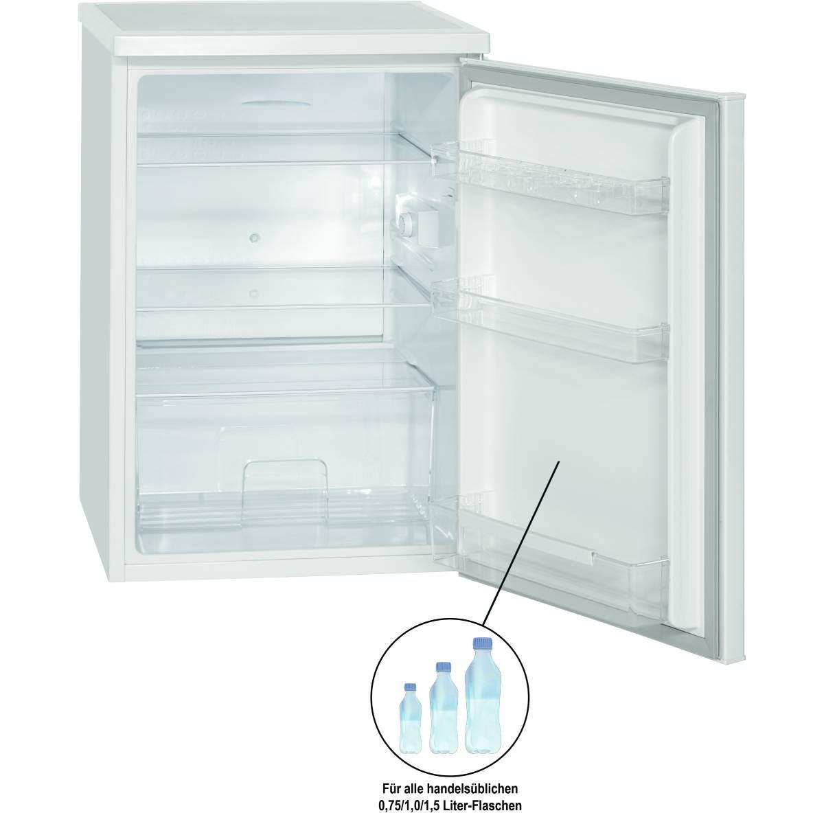 Frigider minibar Bomann, VS 2185.1W, H 84.5 cm, volum 133 litri, compact, silentios, control temperatura, decongelare automata, 3 rafturi din sticla, 3 rafturi usa, lumina interioara LED, suport oua, picioare reglabile, alb