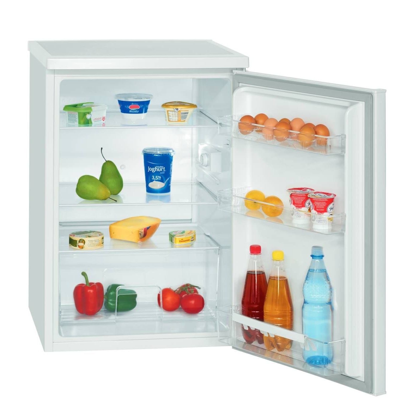 Frigider minibar Bomann, VS 2185.1W, H 84.5 cm, volum 133 litri, compact, silentios, control temperatura, decongelare automata, 3 rafturi din sticla, 3 rafturi usa, lumina interioara LED, suport oua, picioare reglabile, alb