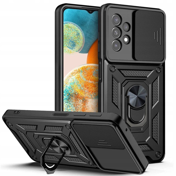 Калъф за телефон, съвместим с Samsung Galaxy A23 4G / A23 5G, Slide and Snap Soft Premium защита на камерата, магнитен държач за пръстен, PopGrip, Anti-Shock, здрава защита, черен
