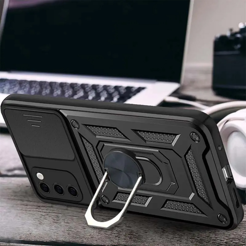 Husa telefon compatibila cu Samsung Galaxy S20 FE / S20 FE 5G, protectie camera Slide and Snap Soft Premium, Magnetic Ring Holder, PopGrip, Anti-Shock, Rugged Protection, Negru
