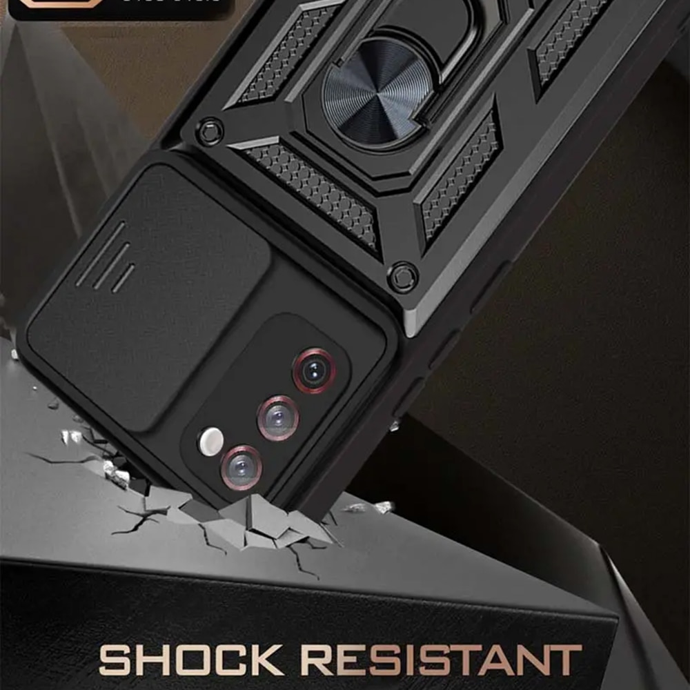 Husa telefon compatibila cu Samsung Galaxy S20 FE / S20 FE 5G, protectie camera Slide and Snap Soft Premium, Magnetic Ring Holder, PopGrip, Anti-Shock, Rugged Protection, Negru