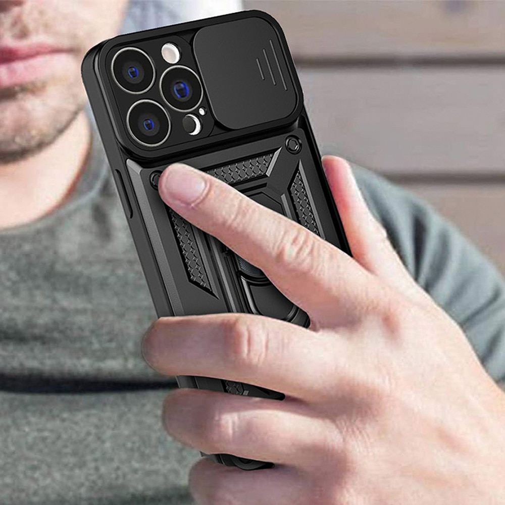 Husa telefon compatibila cu iPhone 13 Pro Max, protectie camera Slide and Snap Soft Premium, Magnetic Ring Holder, PopGrip, Anti-Shock, Rugged Protection, Negru