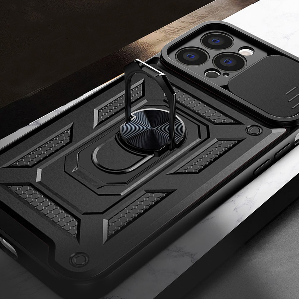 Husa telefon compatibila cu iPhone 13 Pro Max, protectie camera Slide and Snap Soft Premium, Magnetic Ring Holder, PopGrip, Anti-Shock, Rugged Protection, Negru