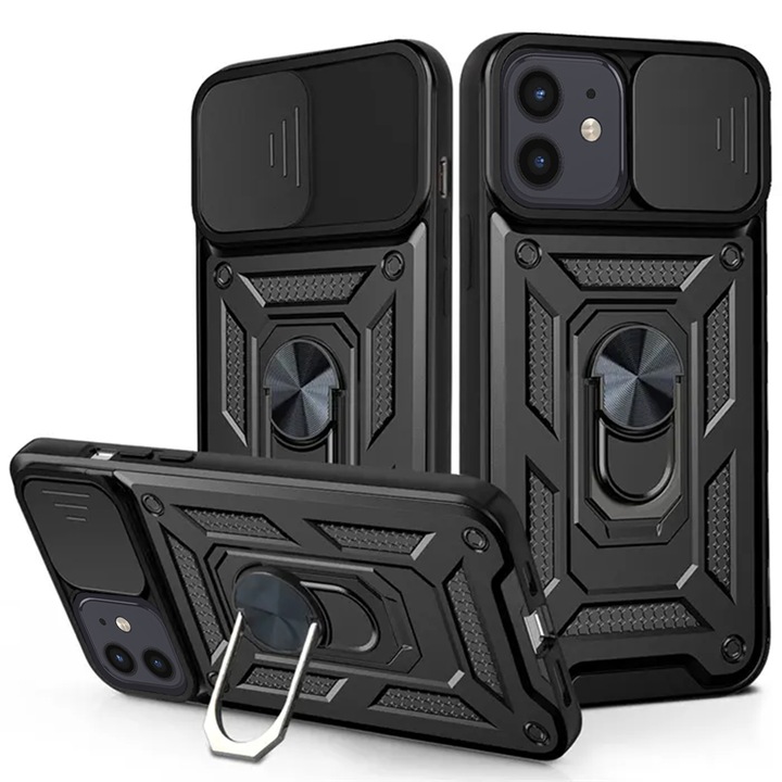 Калъф за iPhone 12/iPhone 12 Pro Premium Hybrid Armor Kickstand, Camera Slider, Anti-Shock, Upper Protection, Черен