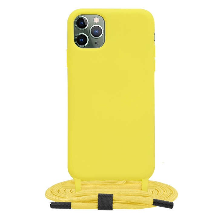 Кейс с кабел, съвместим с Apple iPhone 11 Pro Max, регулируема каишка за врат, кръстосано тяло, жълт
