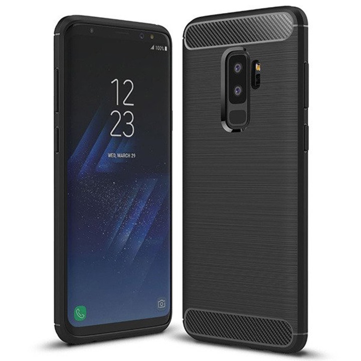 Husa Supreme Carbon compatibila cu Samsung Galaxy S9 Plus, Protectie precisa, Design canelat, Margini ranforsate, Anti-amprente, Negru