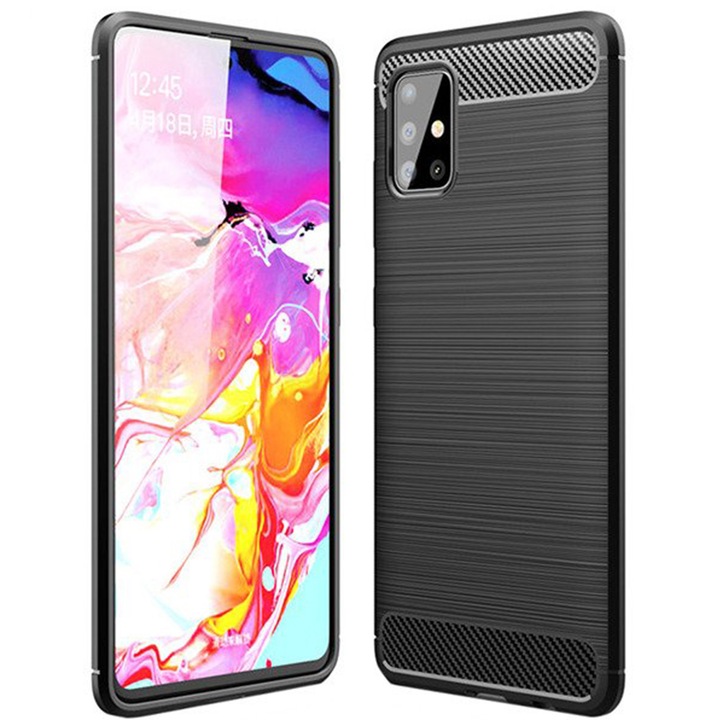 Калъф Supreme Carbon, съвместим със Samsung Galaxy A51 5G, Прецизна защита, Набразден дизайн, Подсилени ръбове, Защита от пръстови отпечатъци, Черен