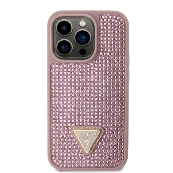 Husa Guess Rhinestones Triangle Metal Logo compatibila cu iPhone 14 Pro, Roz