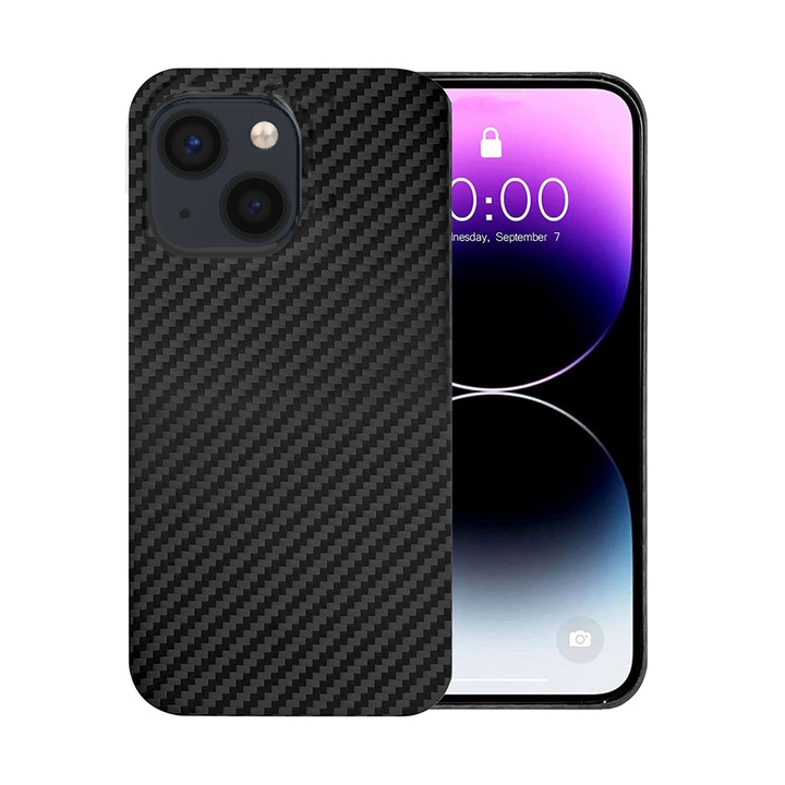 Carbon Aramid Fiber Look Case, Kompatibilis az Apple iPhone 13-mal, Finom csúszásgátló kialakítás, Megemelt élek, Matt felület, Fekete