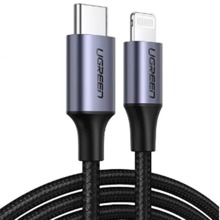 Ugreen töltő- és adatkábel, gyorstöltés, USB Type-c to Lightning, MFI-tanúsítvány, Raided, PVC, 1 m, fekete