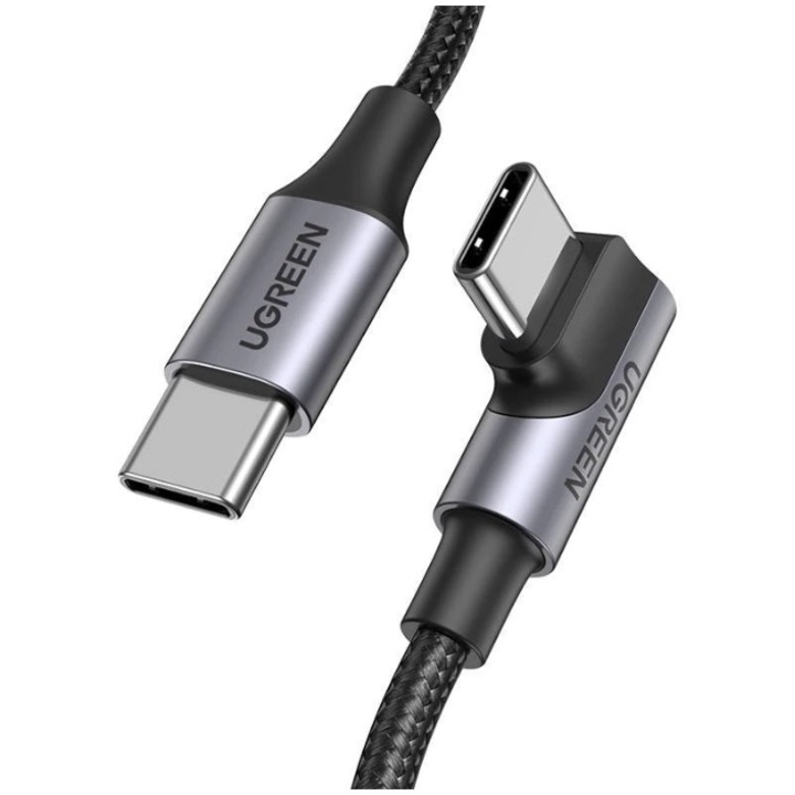 Ugreen töltő- és adatkábel, gyorstöltés, USB Type-C – USB Type-C, 100W/5A, 90°-os szögben döntött, Raid, 1 m, fekete