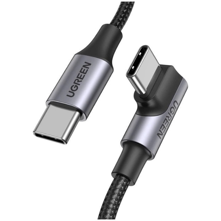 Кабел за зареждане и данни Ugreen, Fast Charging, USB Type-C към USB Type-C, 100W/5A, Angled 90°, Вraided, 1 м, Черен