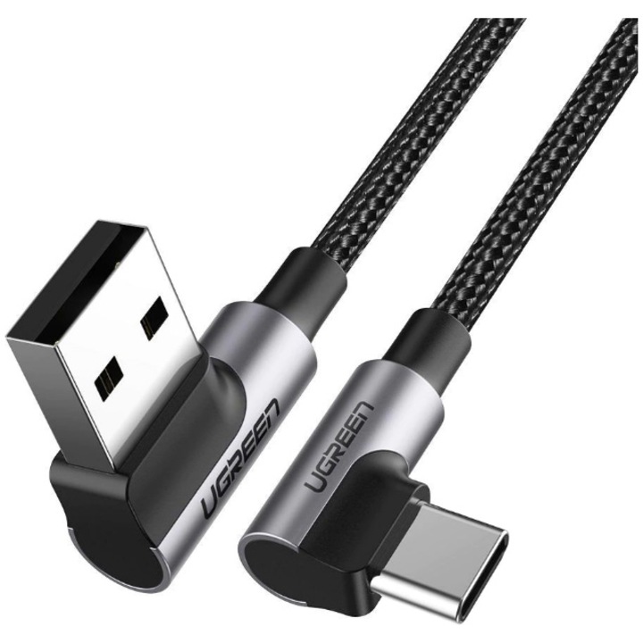 Ugreen töltő- és adatkábel, gyors töltés, USB-C típusú USB, 3A, teljes 90°-os szögben, Raid, 2 m, fekete
