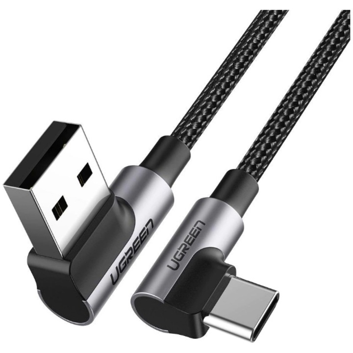 Кабел за зареждане и данни Ugreen, Fast Charging, USB към USB Type-C, 3A, Complete Angled 90°, Вraided, 2 м, Черен