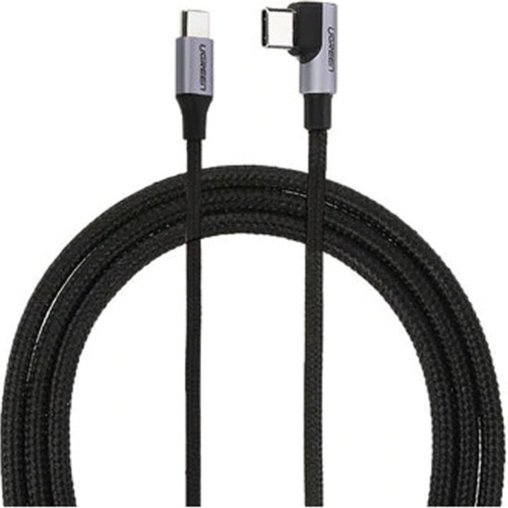 Кабел за зареждане и данни Ugreen, Fast Charging, USB Type-C към USB Type-C, 60W/3A, Angled 90° Вraided, 2 м, Сив