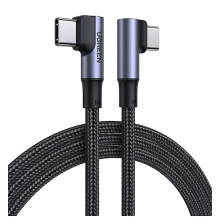 Кабел за зареждане и данни Ugreen, Fast Charging, USB Type-C към USB Type-C, 100W/5A, Complete Angled 90°, Вraided, 1 м, Черен