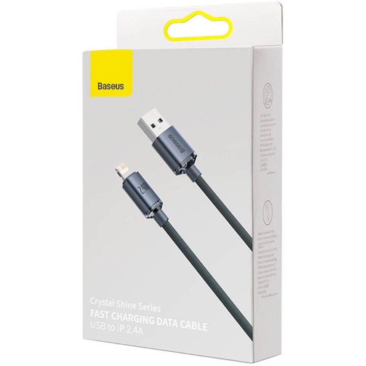 Baseus töltő- és adatkábel, fémkristályfény, gyorstöltés, USB a Lightninghez, 2,4 A, 2 m, fekete