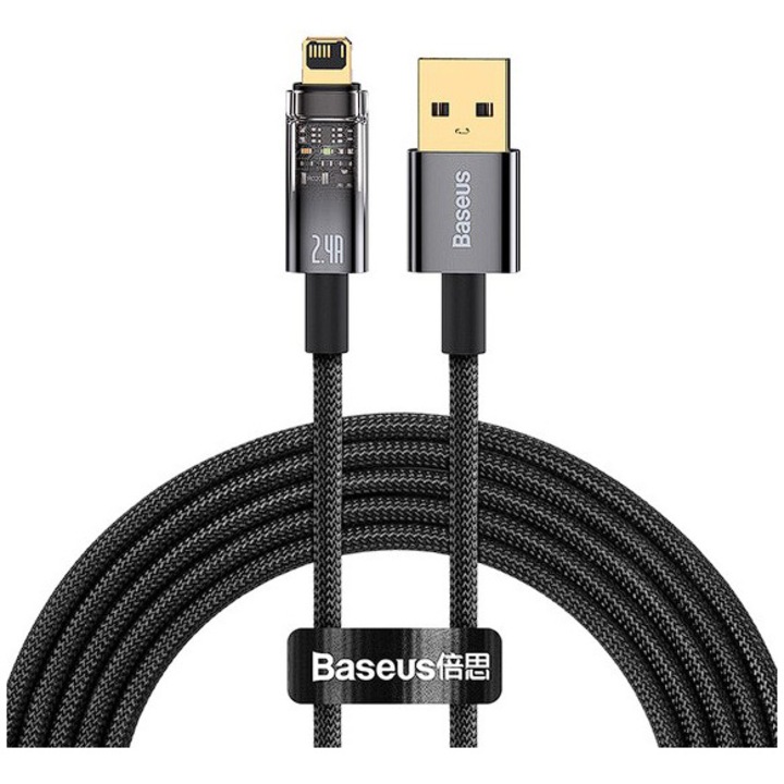Cablu alimentare si date Baseus, Explorer, Fast Charging, USB la tip Lightning 2.4A 2m Auto Power-Off, Negru Transparent