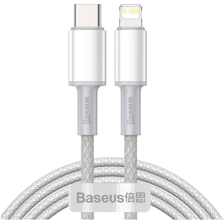 Кабел за зареждане и данни Baseus, High Density Braided, Fast Charging, USB Type-C към Lightning PD 20W, Вraided, 2 м, Бял