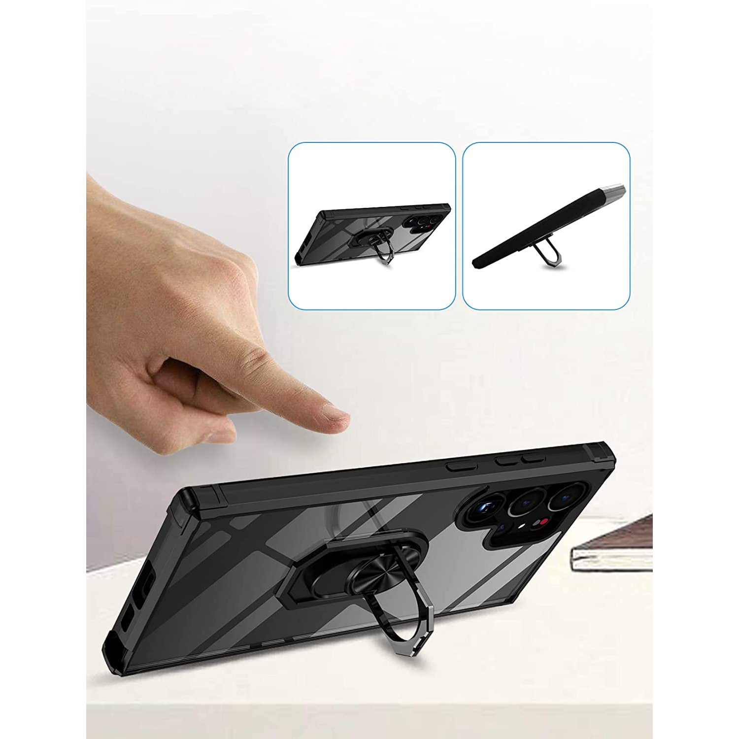 Husa pentru Samsung Galaxy S23 ULTRA, Hybrid Antisoc, carcasa cu bumper, inel rotativ 360 si Kickstand, Negru
