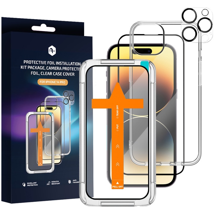 Pachet kit de instalare folie de protectie, folie protectie camera, husa Clear Case A+ pentru iPhone 14 Pro Max