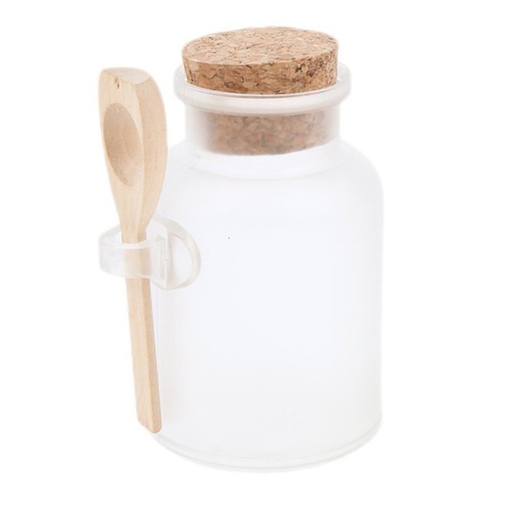 Parafadugóval és fakanállal ellátott tégelyes edény fürdőszobai termékekhez, 200 ml, matt fehér