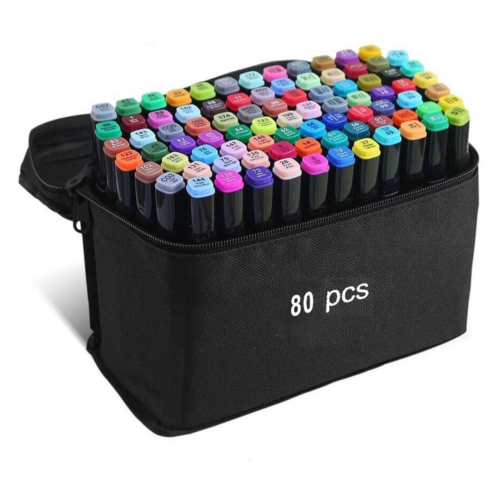 Set 80 de Carioci Profesionale pe baza de alcool, cap dublu, penar inclus, VisionXXI