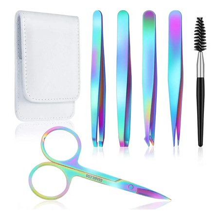 Set de 4 pensete profesionale de inalta precizie, forfecuta curbata din otel inoxidabil si perie pentru gene, Multicolor, etui depozitare elegant, BENDIS®