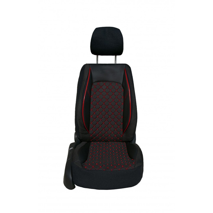 Комплект калъфи за автомобилни седалки съвместими с VW CRAFTER 2006-2017 2+1, екологична кожа с текстил, черно червени шевове
