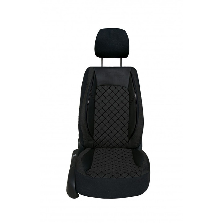 Комплект калъфи за автомобилни седалки за VW Touran 2003-2010, 5 индивидуални седалки, екологична кожа с текстил, черни, черни шевове