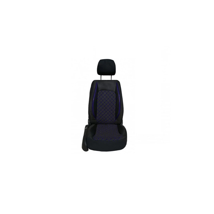 Set huse scaune auto compatibile VW Transporter T5 T6 2003-2020, 8+1 locuri, piele ecologica cu textil, negru cusatura albastra