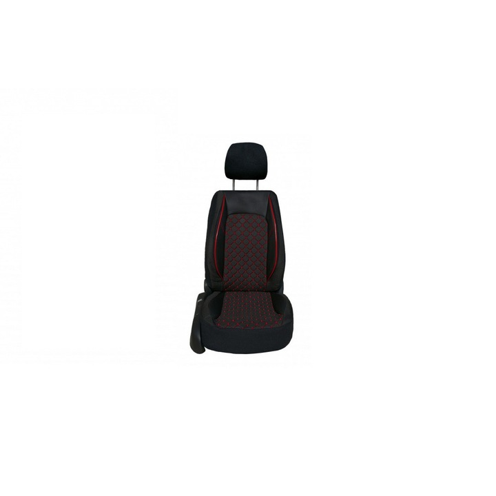 Комплект калъфи за автомобилни седалки за VW Touran 2003-2010, 5 индивидуални седалки, екологична кожа с текстил, черни, червени шевове