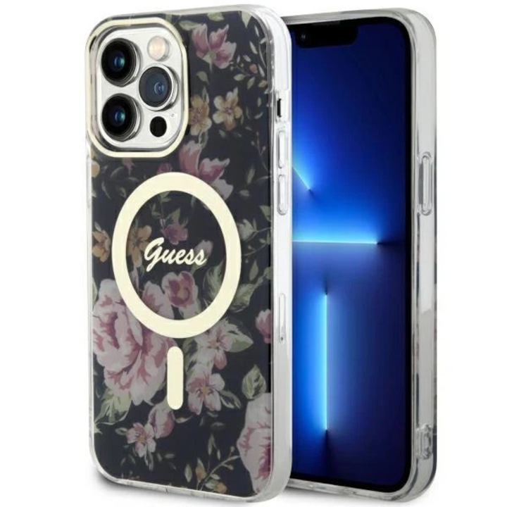 Кейс Guess GUHMP14XHCFWSK за iPhone 14 Pro Max 6.7", черен, черен, твърд, Flower MagSafe