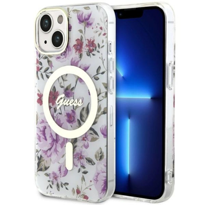Husa Guess pentru iPhone 14 Plus, Husa rigida transparenta de 6,7 inchi, Flower, MagSafe
