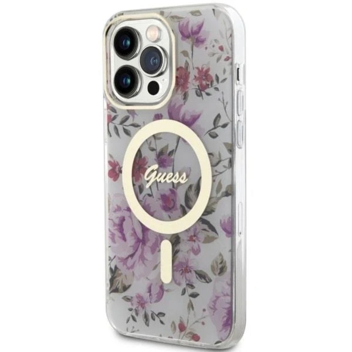 Кейс Guess GUHMP14XHCFWST за iPhone 14 Pro Max 6.7", прозрачен, твърд, Flower MagSafe