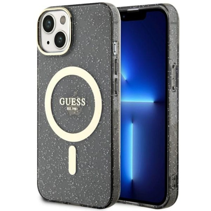 Husa Guess pentru iPhone 14 Plus, 6,7", Negru, Husa rigida, Glitter Gold, MagSafe