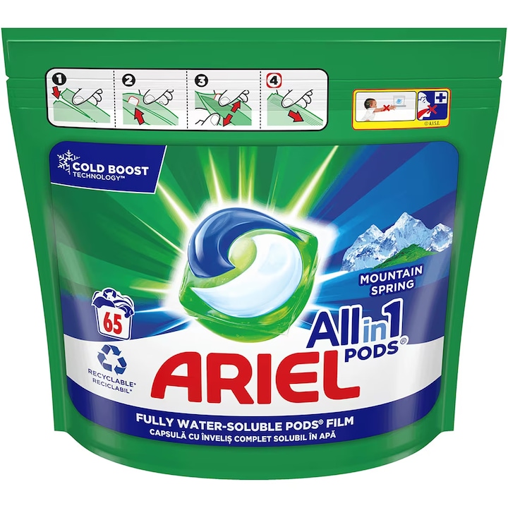 Ariel mosószer kapszula, All in One PODS Mountain Spring, eltávolítja a foltokat, 65 db