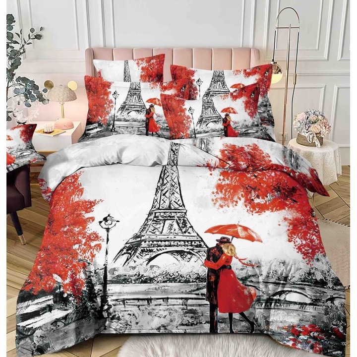 Двойно спално бельо Jojo Home, Щампа Париж, 4 части, 1 лице, 140x200см, Finet