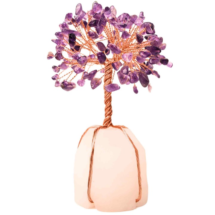 Copacel 13-14 cm din pietre semipretioase polisate de ametist si baza de piatra naturala de cuart transparent - Arbore din cristale semipretioase pentru energie pozitiva atrage norocul, decor Feng Sh