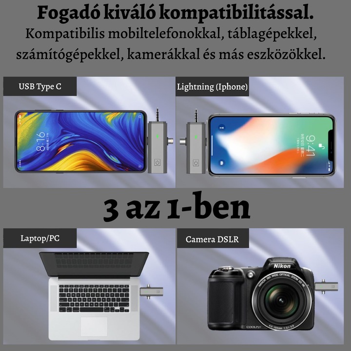 Lavalier mikrofon készlet, MOGODA, 2 db, USB C, Lightning, 3.5 Jack, Vezeték nélküli élő, Újratölthető, Zajcsökkentés, Kompatibilis telefonnal, laptoppal és DSLR kamerával