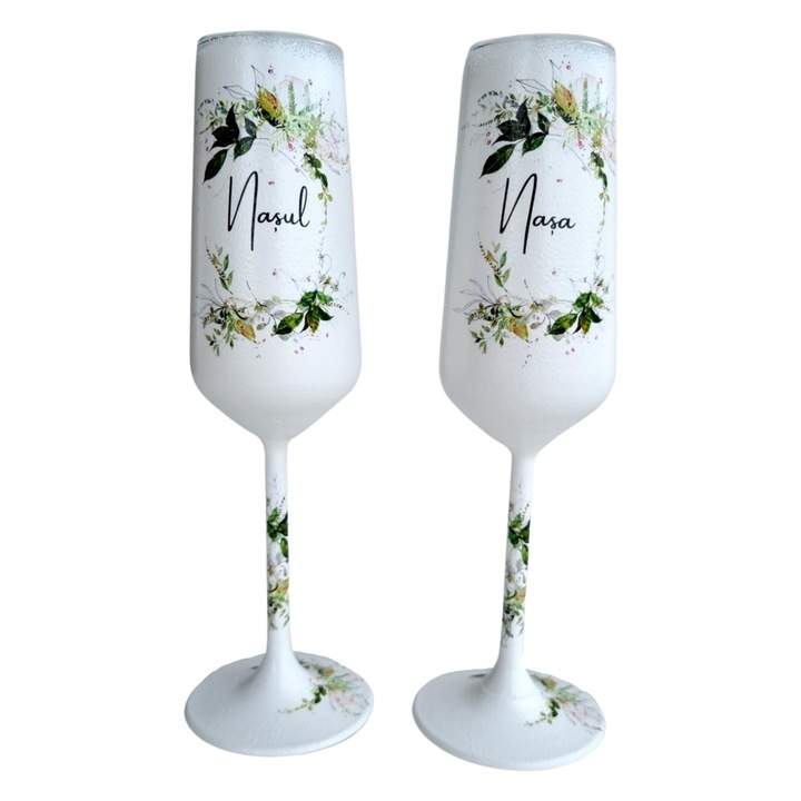 Set pahare pentru nasi, sticla, alb cu frunzulite verzi